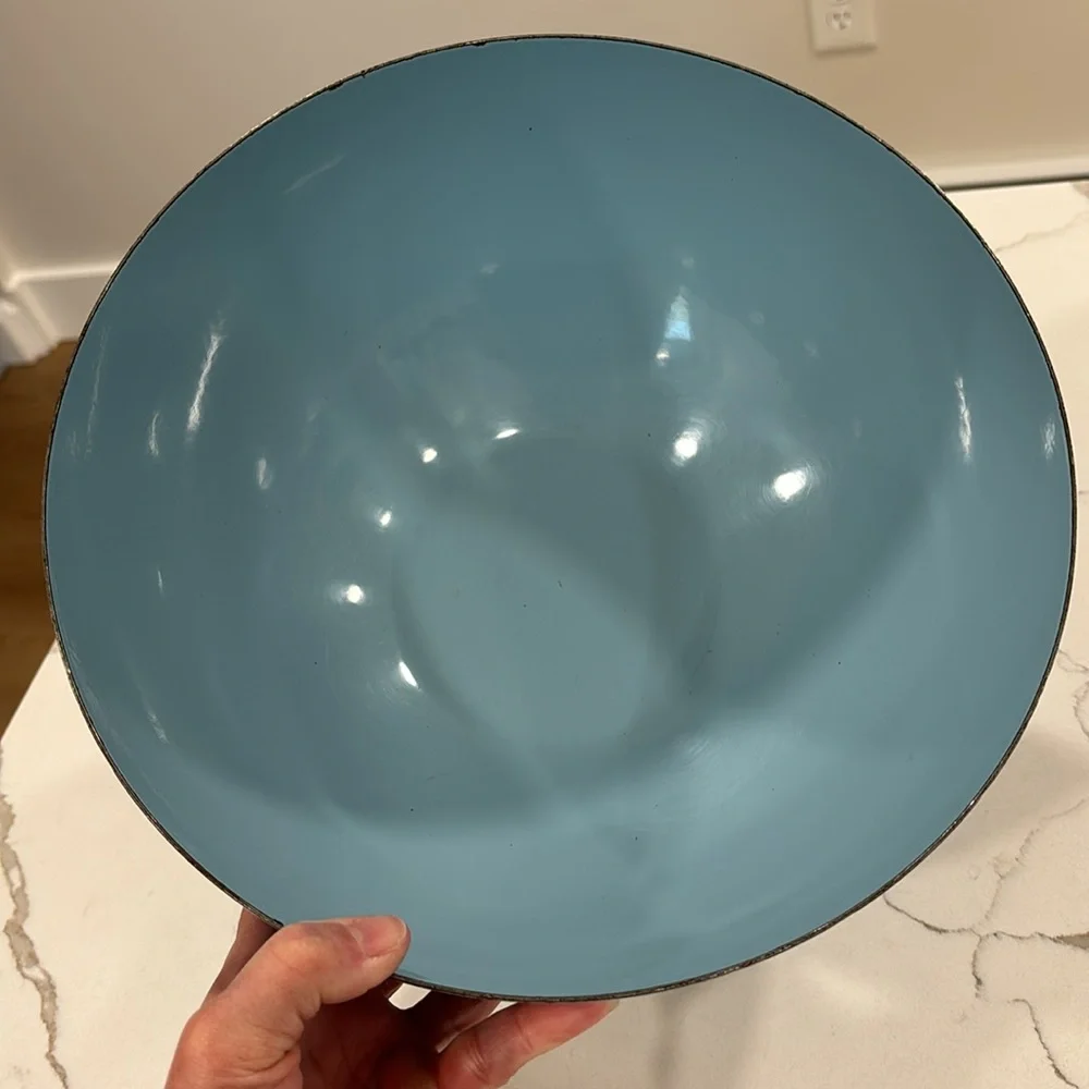 Cathrineholm Turquoise Blue On Blue Enamelware Lotus Bowl 11” Diameter MCM - Picture 7 of 17